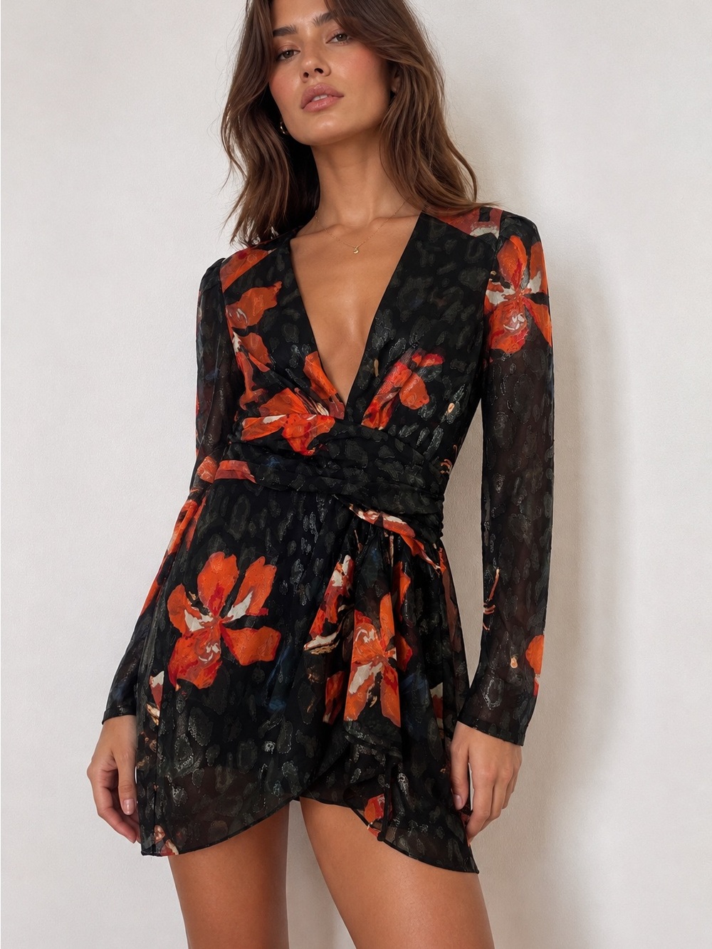 Bardot V-Neck Floral Shine Wrap Dress